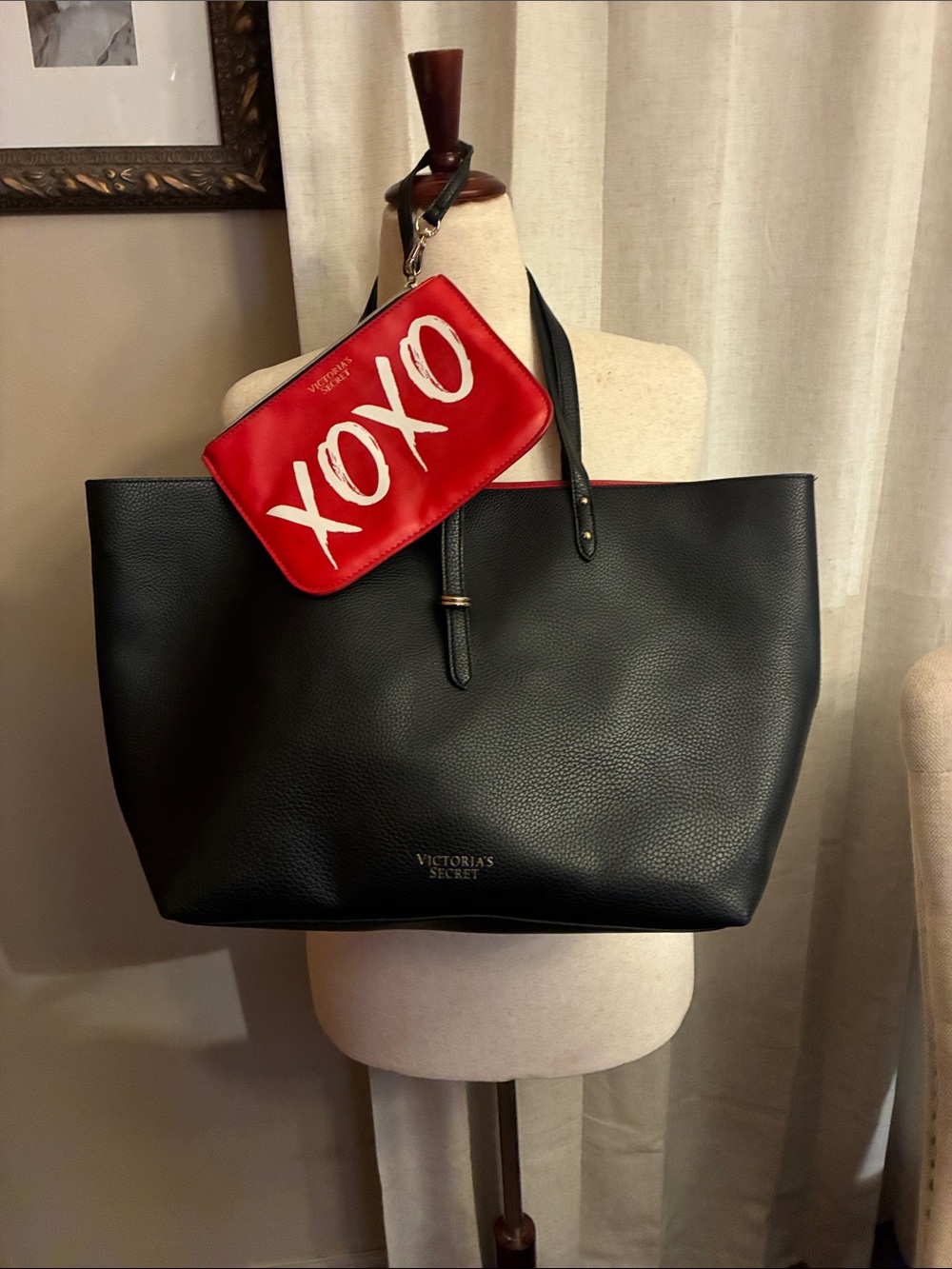 Like NEW !! Victoria's Secret Black Tote with Red Interior and Red XOXO Pouch